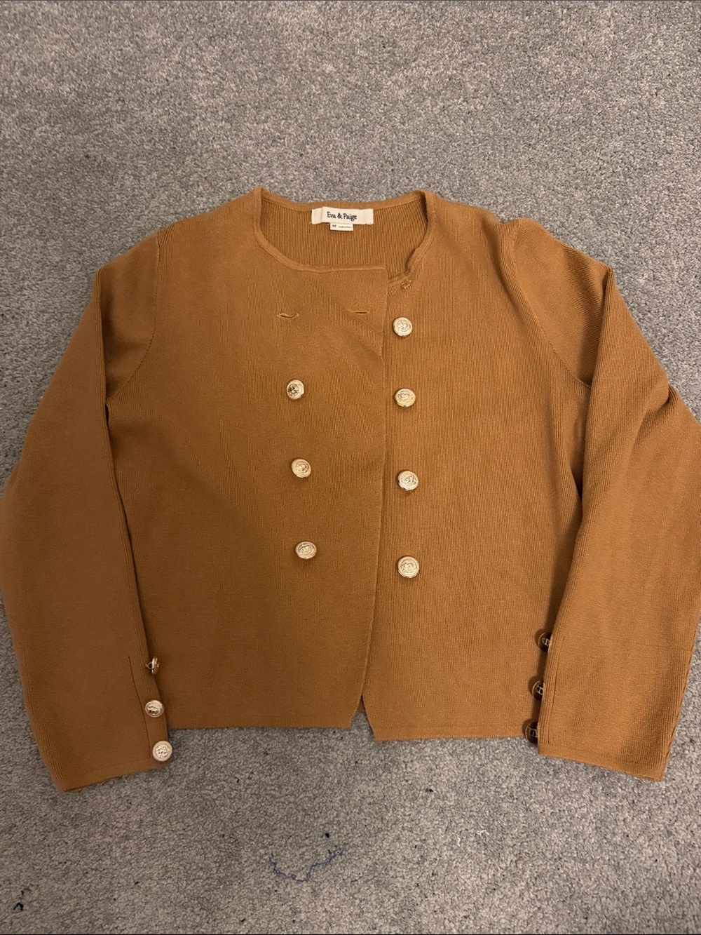 Camel Double-Breasted Knit Cardigan with Gold Buttons